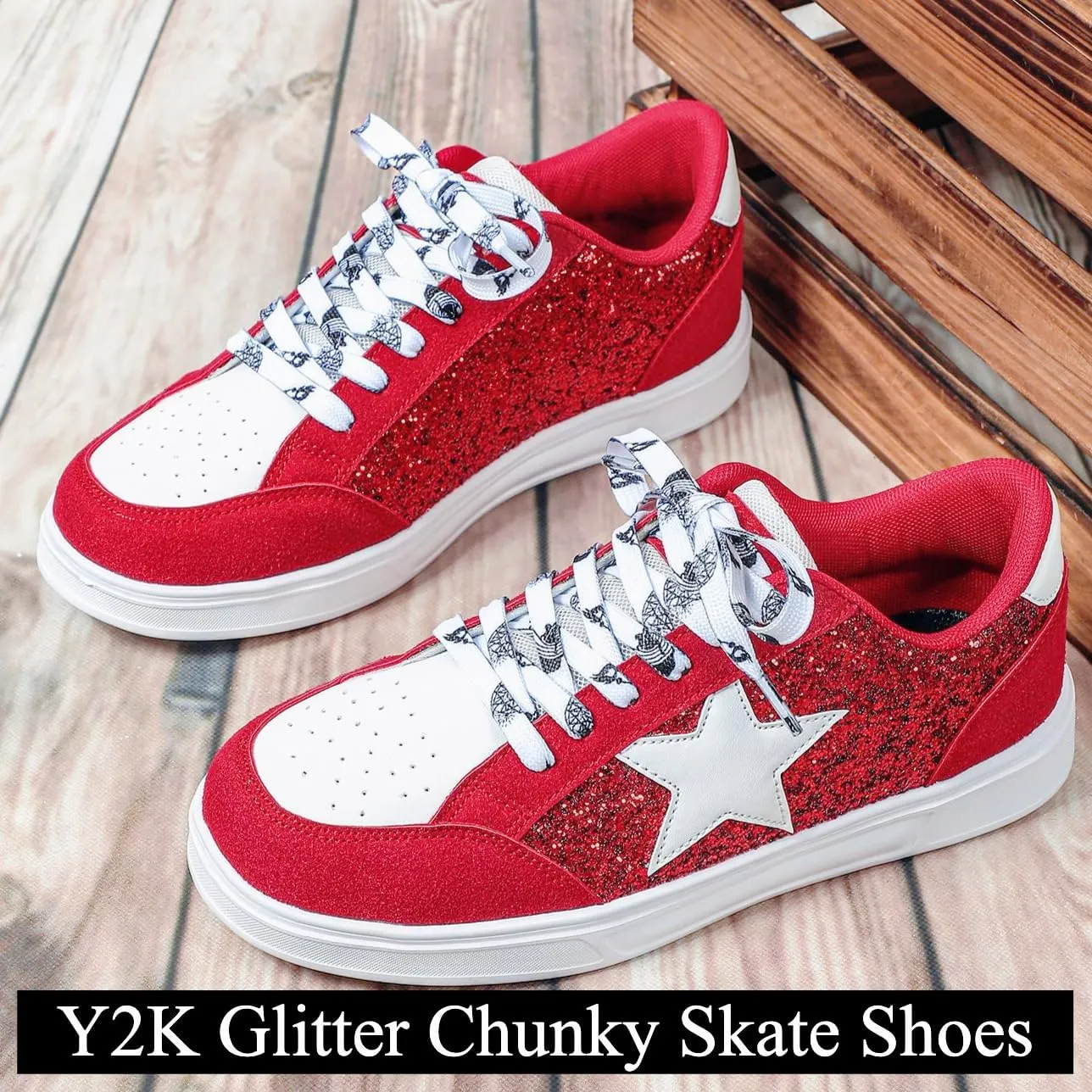 Women's Y2K Star Glitter Chunky Skate Shoes Retro Platform Sneakers, Shiny Outdoor Casual Shoes for Streetwear