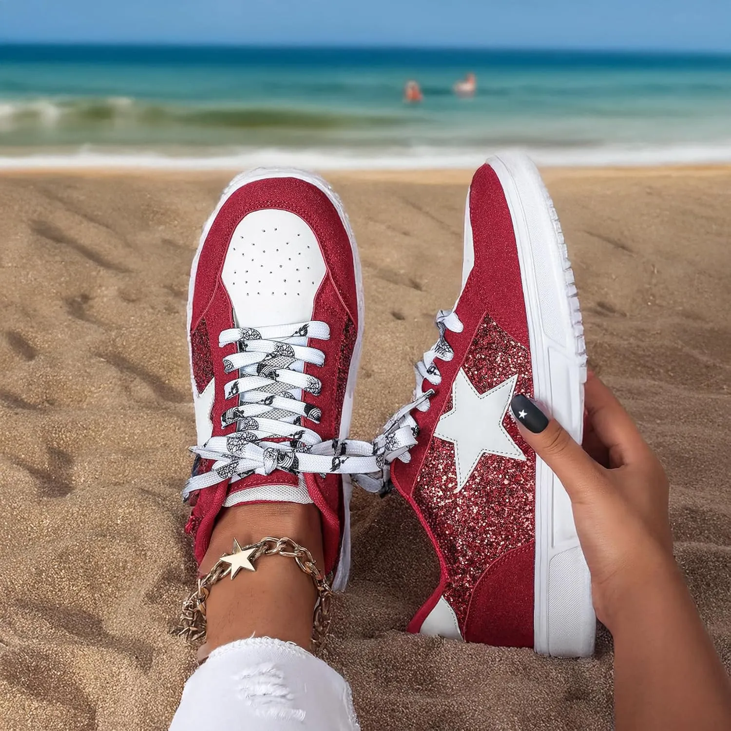 Women's Y2K Star Glitter Chunky Skate Shoes Retro Platform Sneakers, Shiny Outdoor Casual Shoes for Streetwear