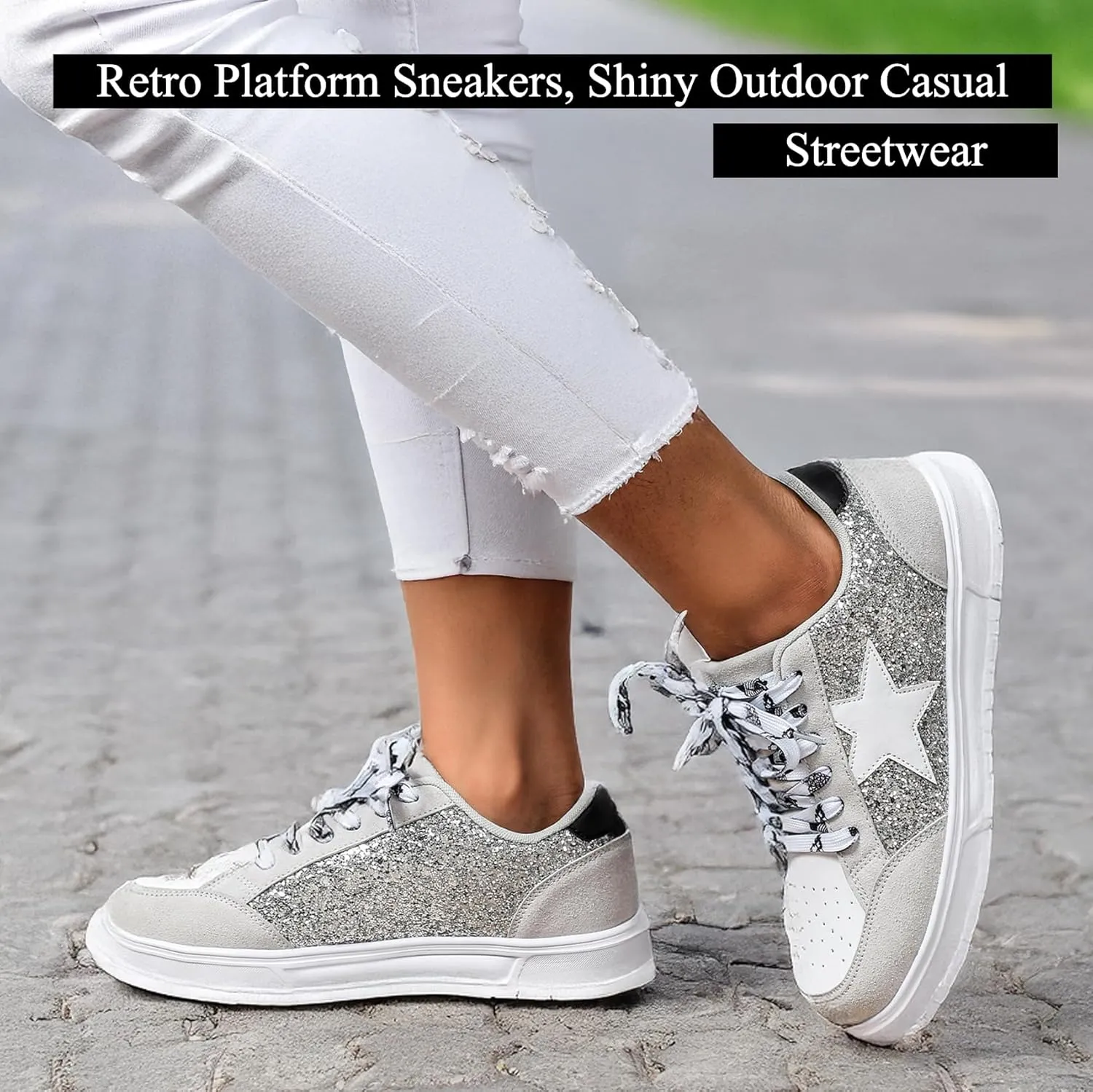 Women's Y2K Star Glitter Chunky Skate Shoes Retro Platform Sneakers, Shiny Outdoor Casual Shoes for Streetwear