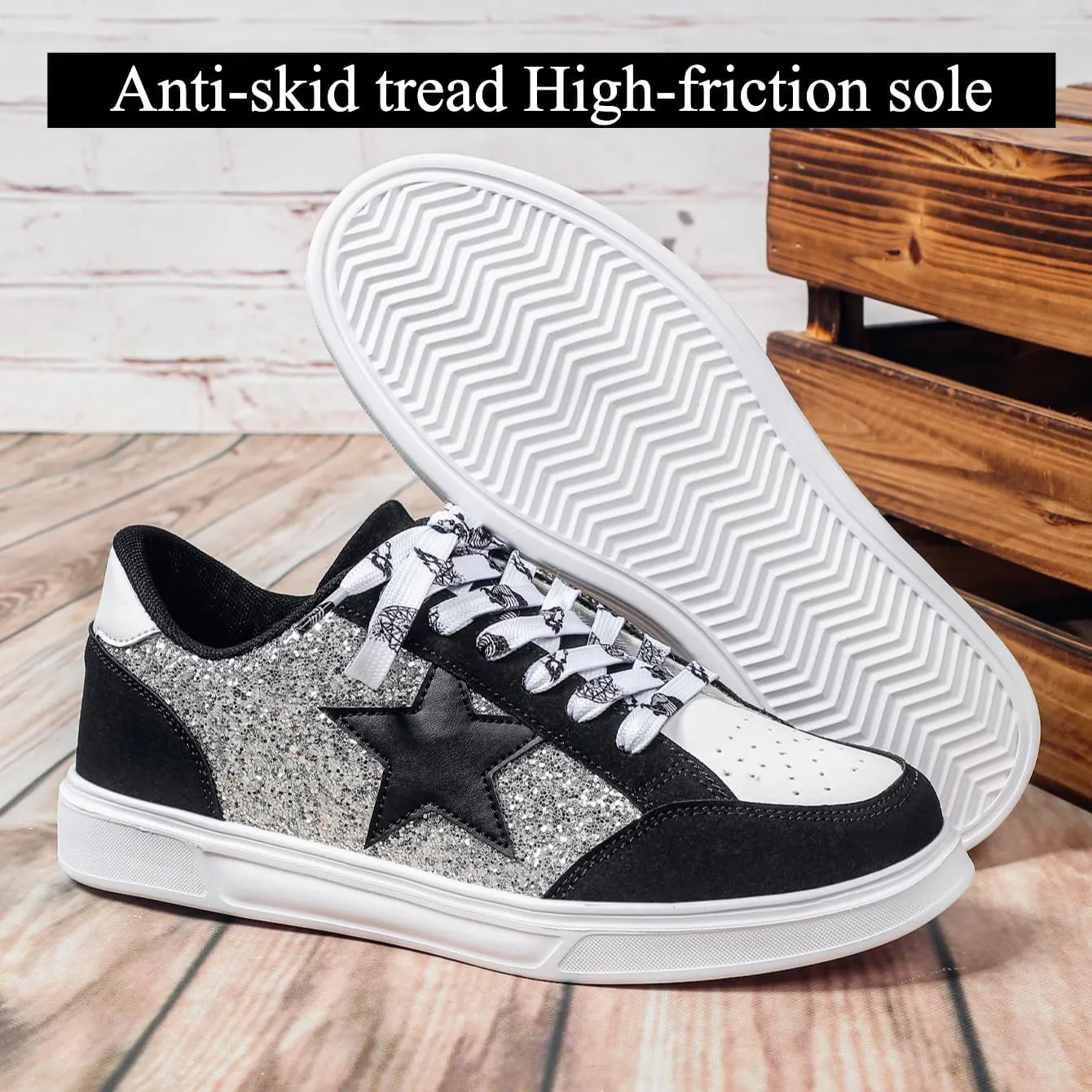 Women's Y2K Star Glitter Chunky Skate Shoes Retro Platform Sneakers, Shiny Outdoor Casual Shoes for Streetwear