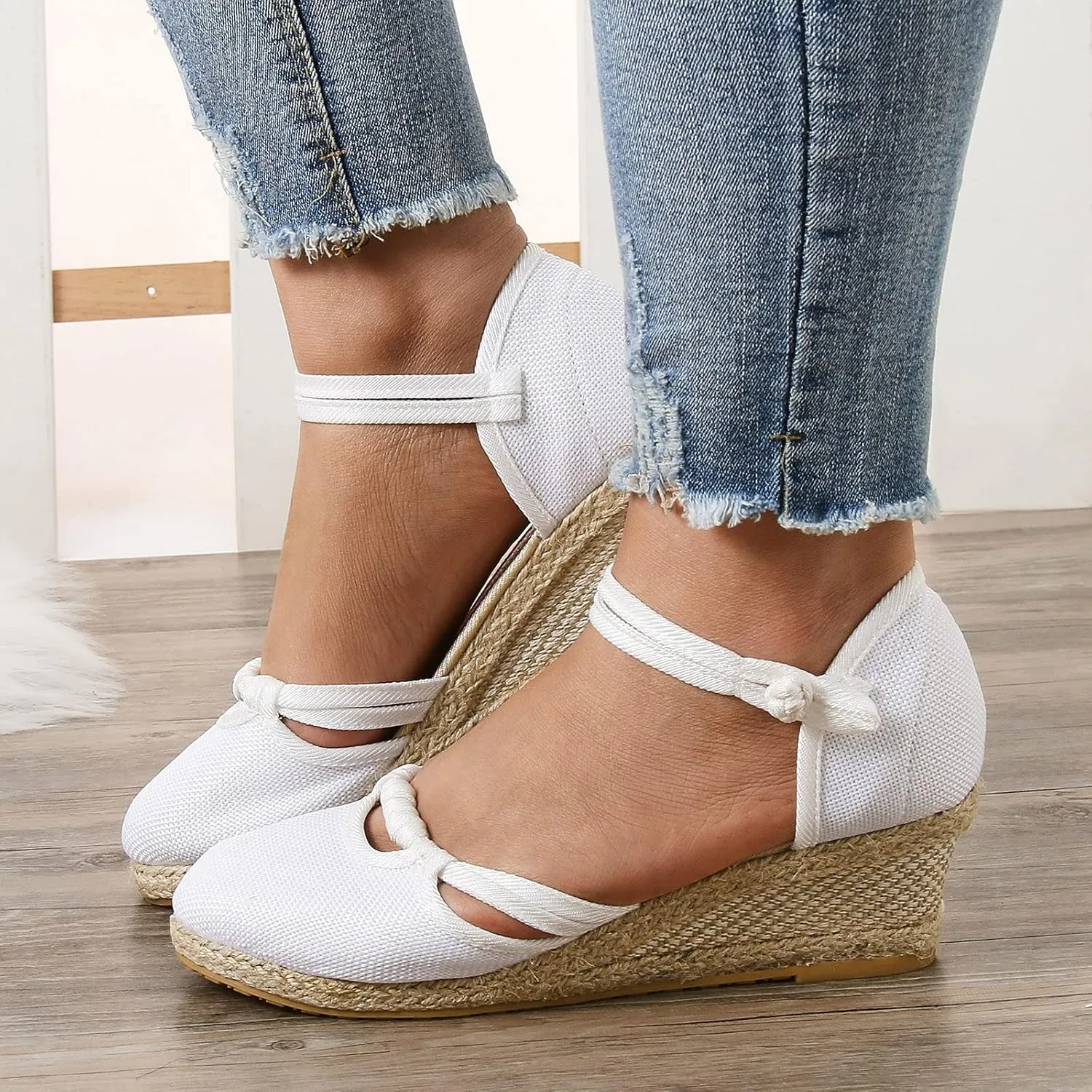 Womenyiaor Sandals for Women Dressy Summer, Women's Ankle Strap Closed Toe Espadrille Wedge Sandals Dressy Platform Wedge Sandals Casual Shoes (d-White, 7)