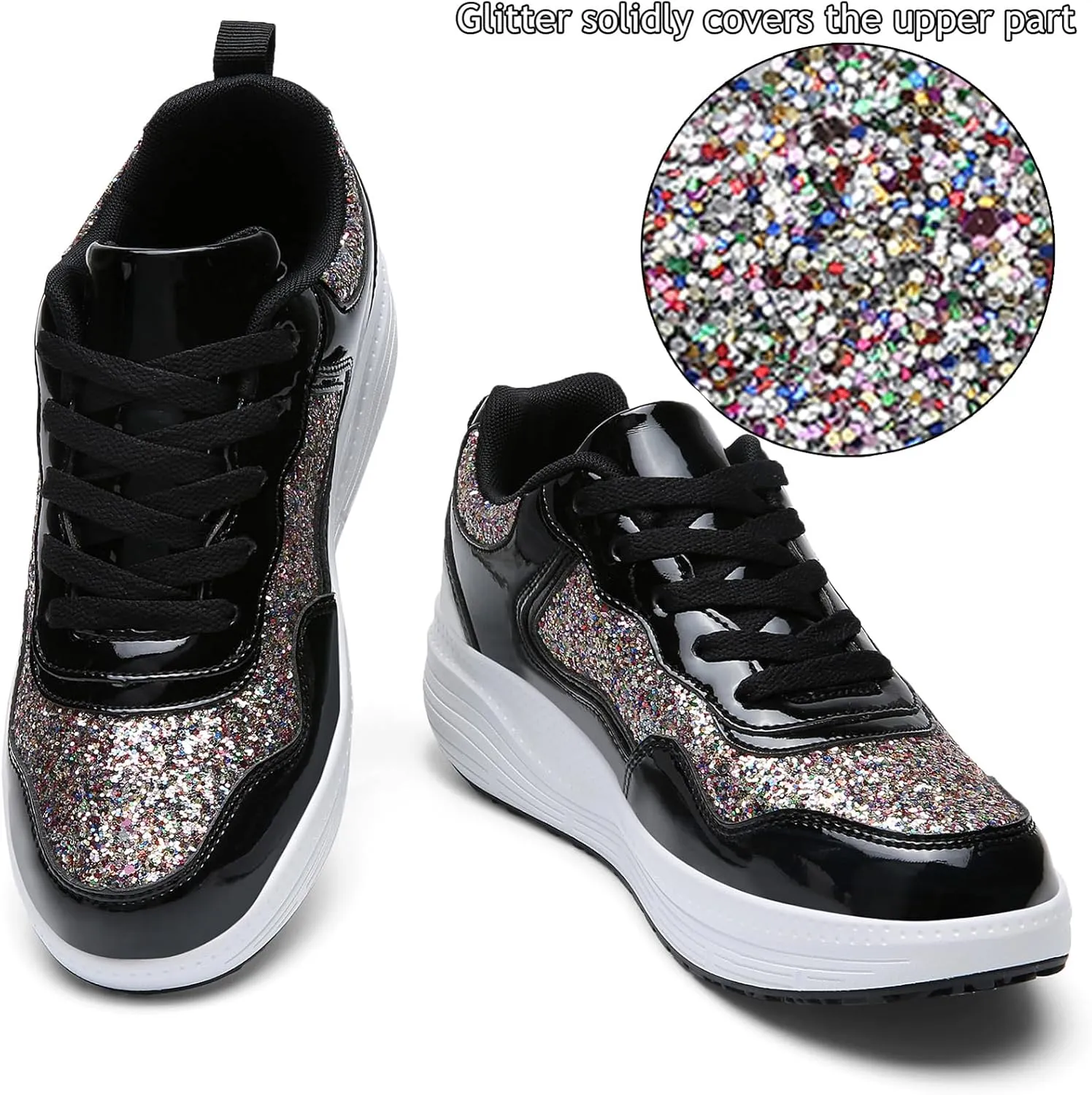 WUIWUIYU Women's Girls' Wedge Platform Shiny PU Sparkly Sequins Glitter Lace-Up Sneakers Street Dance Shoes