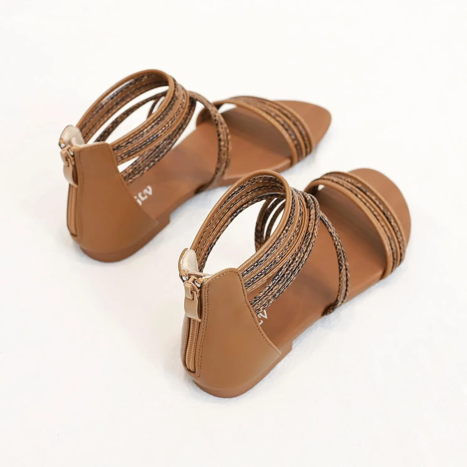 YEOJOU Gladiator Sandals for Women Strappy Leather Flat Sandals Open Toe Ankle Strap Back Zipper Comfortable Dressy Summer Shoes