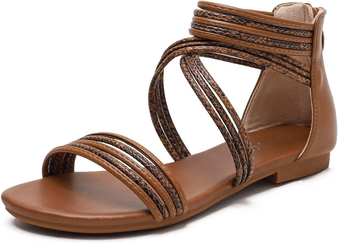 YEOJOU Gladiator Sandals for Women Strappy Leather Flat Sandals Open Toe Ankle Strap Back Zipper Comfortable Dressy Summer Shoes