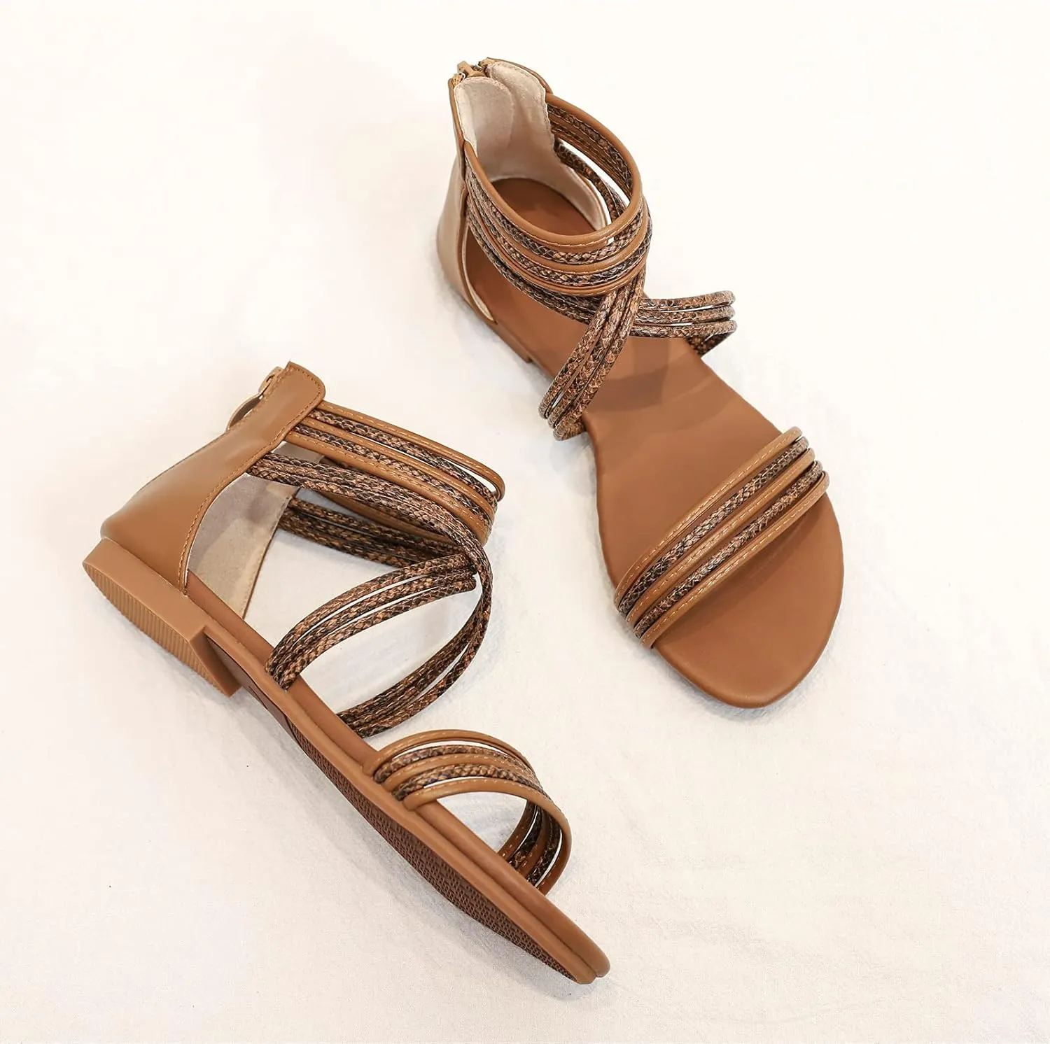 YEOJOU Gladiator Sandals for Women Strappy Leather Flat Sandals Open Toe Ankle Strap Back Zipper Comfortable Dressy Summer Shoes