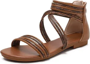 YEOJOU Gladiator Sandals for Women Strappy Leather Flat Sandals Open Toe Ankle Strap Back Zipper Comfortable Dressy Summer Shoes