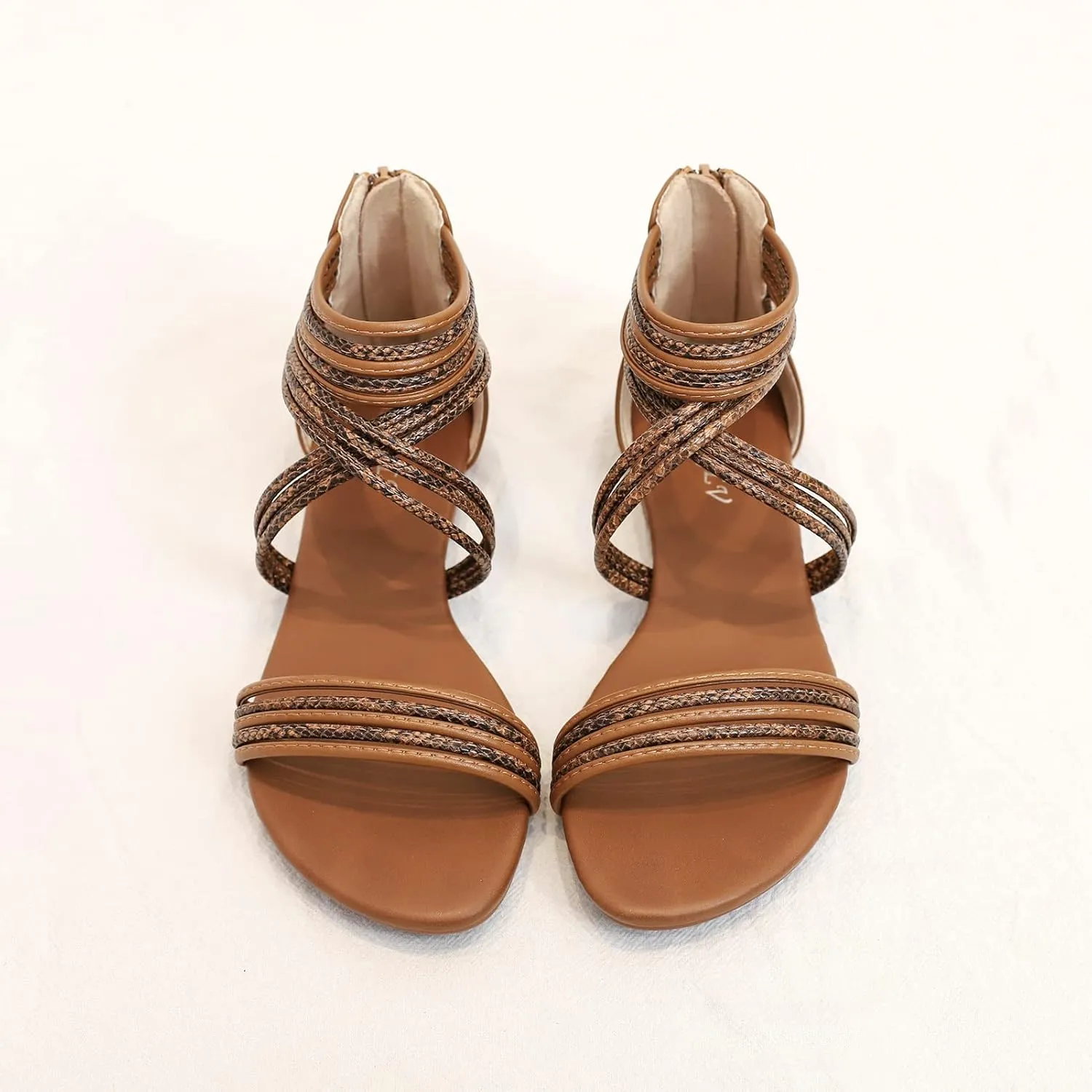 YEOJOU Gladiator Sandals for Women Strappy Leather Flat Sandals Open Toe Ankle Strap Back Zipper Comfortable Dressy Summer Shoes