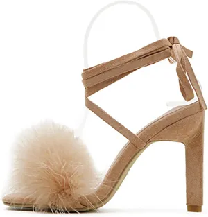 YIBLBOX Women's Feather Heels Open Toe Sandal Fluffy Fur High Heel Shoes Ankle Cross Strappy Stiletto Pump for Wedding Party Dance Evening