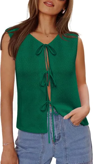 Yousify Women’s Tie Front Sweater Vest 2025 Summer Sleeveless Crochet Knit Tops Lightweight Cardigan Sweaters Outfits