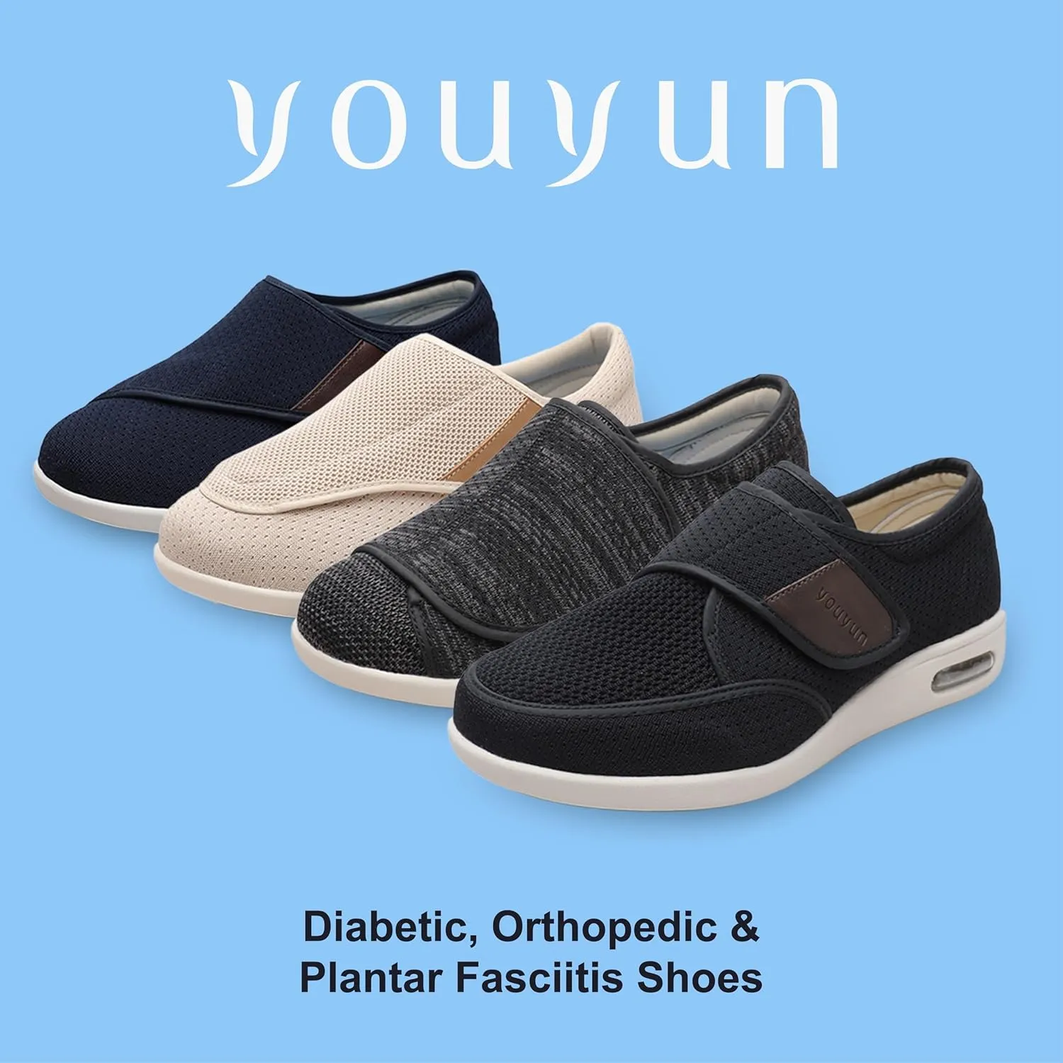 youyun Diabetic Shoes for Elderly Wide for Women Walking Shoes Adjustable Closure Breathable Lightweight Width X-Wide Non Slip Air Cushion Sneakers for Swollen Feet Edema