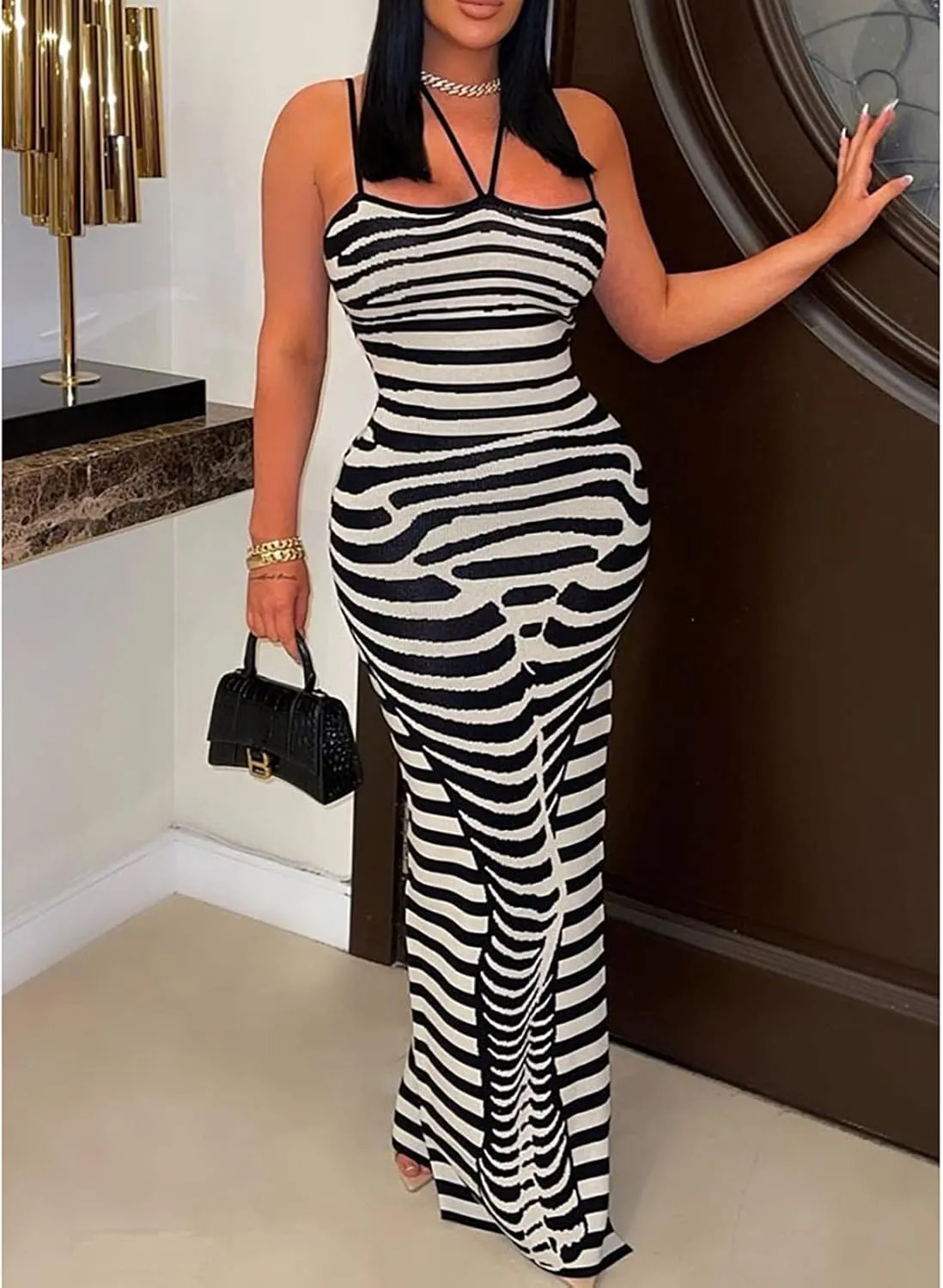 Yuopeid Women's Sexy Halter Sleeveless Spaghetti Straps Bodycon Fashion Striped Printed Cocktail Party Long Maxi Dress