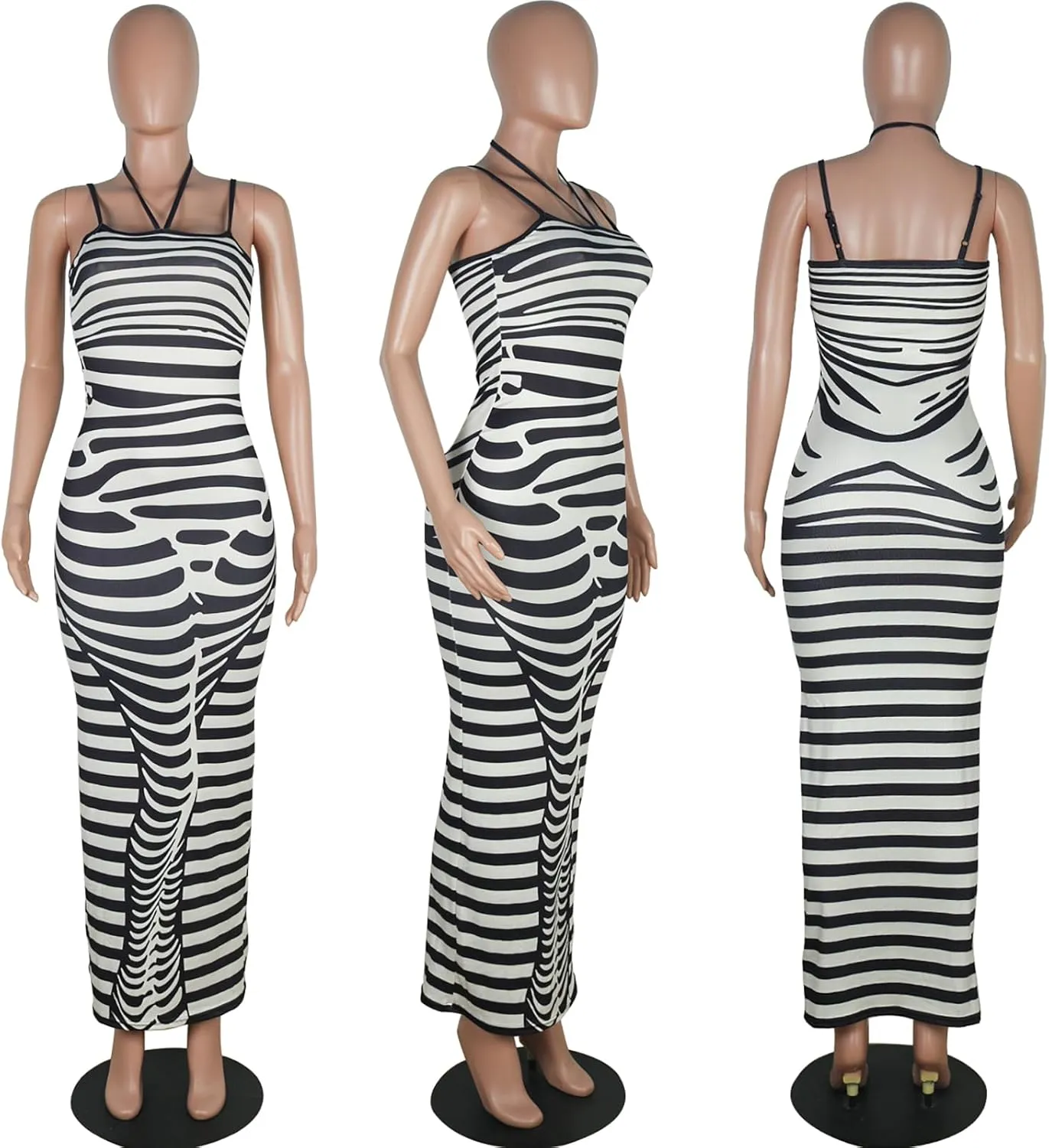 Yuopeid Women's Sexy Halter Sleeveless Spaghetti Straps Bodycon Fashion Striped Printed Cocktail Party Long Maxi Dress