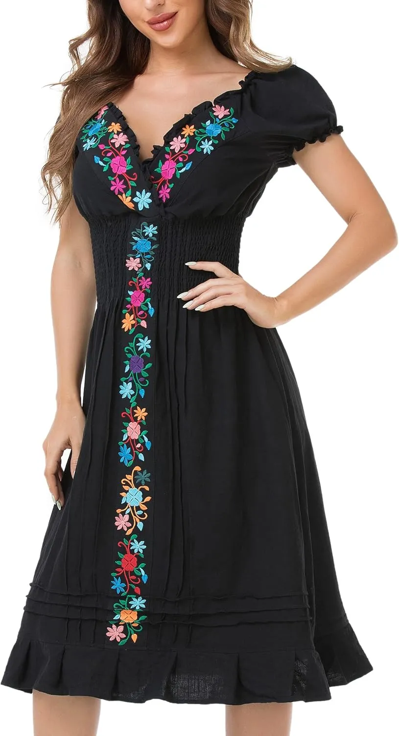 YZXDORWJ Women Mexican Embroidered Casual Dress Summer Ruffle V Neck Short Sleeves