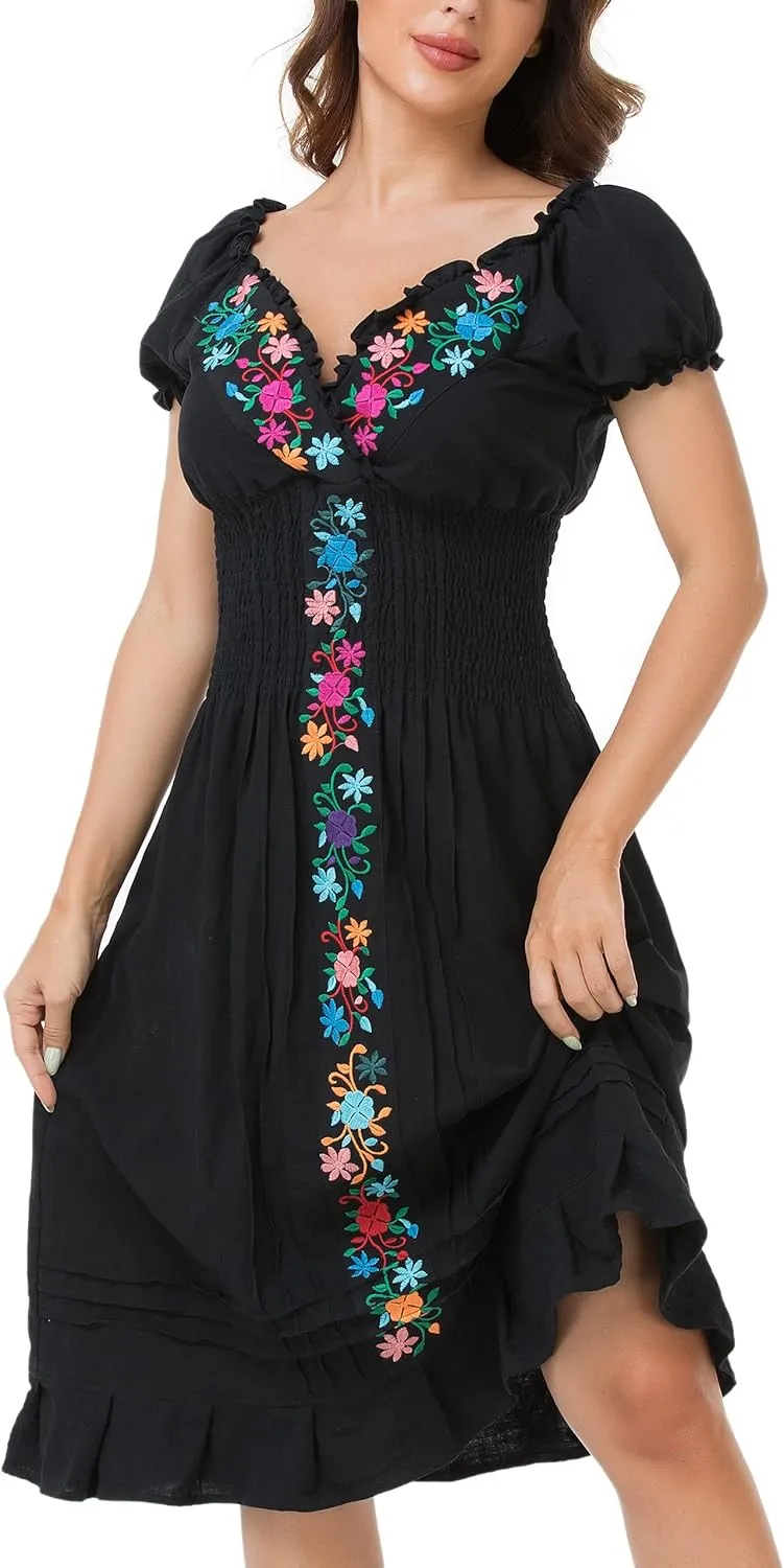 YZXDORWJ Women Mexican Embroidered Casual Dress Summer Ruffle V Neck Short Sleeves