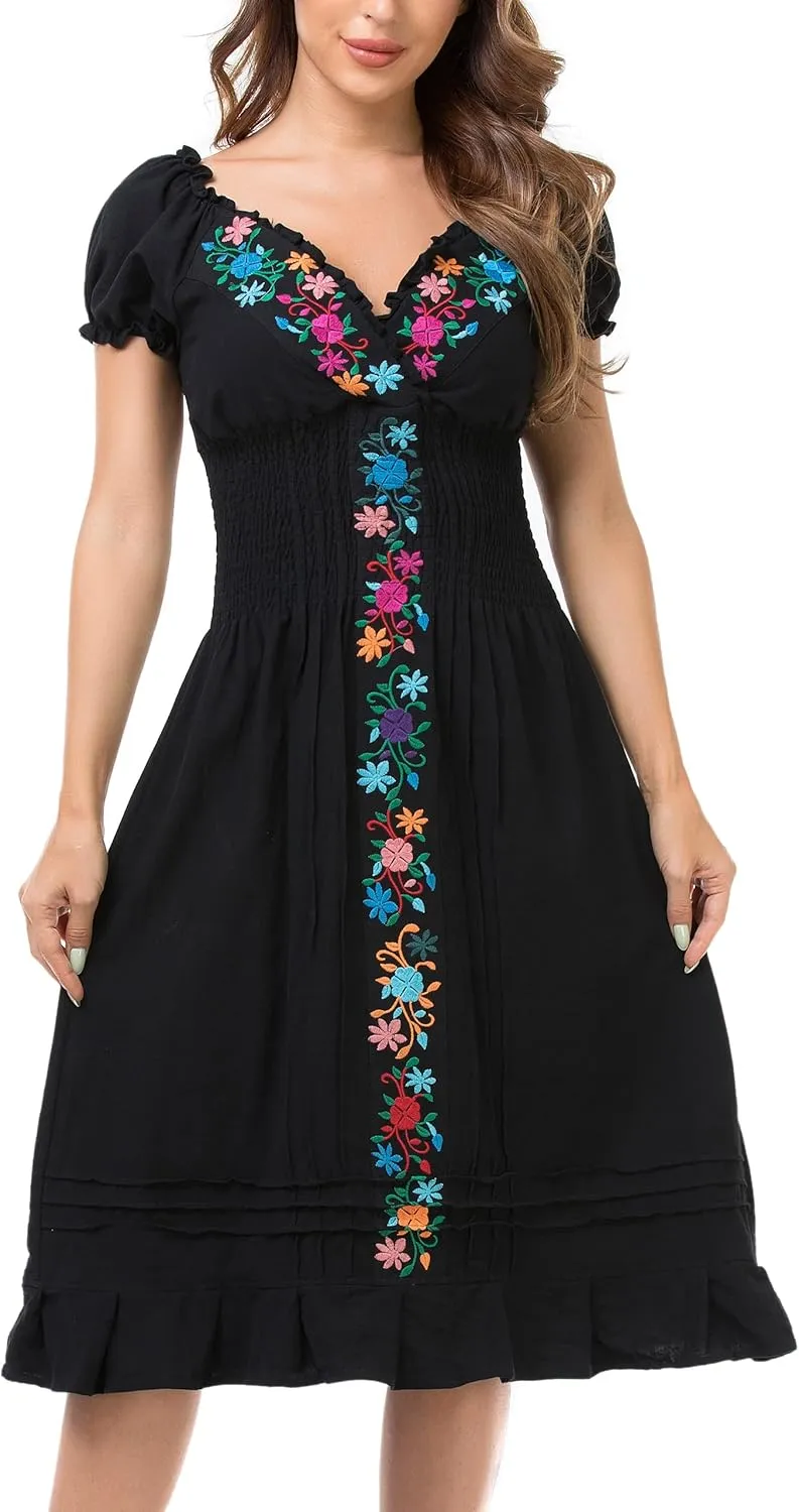 YZXDORWJ Women Mexican Embroidered Casual Dress Summer Ruffle V Neck Short Sleeves