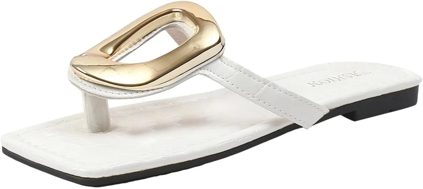 ZSpzx Flat Sandals for Women 2025,Summer Square Open Toe Dressy Sandals Ladies Slipper Slip On Slides Metal Chain Slippers Comfortable Leather Thong Flip Flops Beach Casual Slingback Slide Shoes