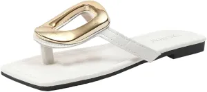 ZSpzx Flat Sandals for Women 2025,Summer Square Open Toe Dressy Sandals Ladies Slipper Slip On Slides Metal Chain Slippers Comfortable Leather Thong Flip Flops Beach Casual Slingback Slide Shoes