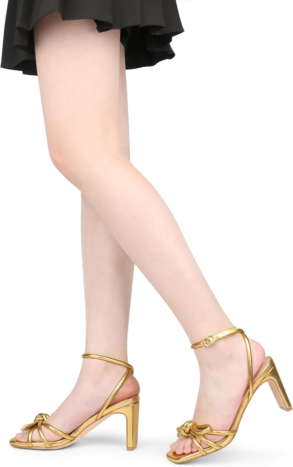 Zzheels Women's Square Toe Sandals Bowknot Chunky High Heels Strappy Bow Heels Dress Party Shoes