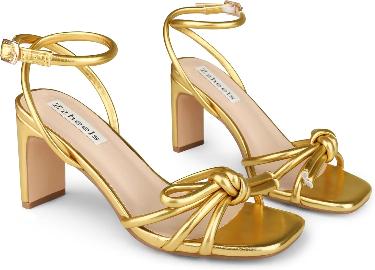Zzheels Women's Square Toe Sandals Bowknot Chunky High Heels Strappy Bow Heels Dress Party Shoes