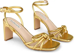 Zzheels Women's Square Toe Sandals Bowknot Chunky High Heels Strappy Bow Heels Dress Party Shoes