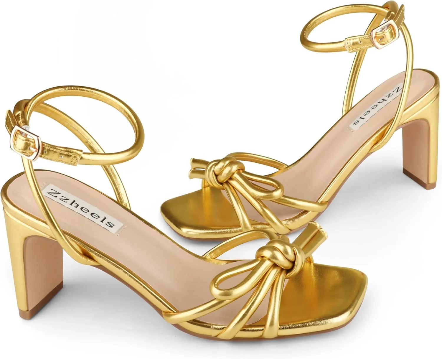 Zzheels Women's Square Toe Sandals Bowknot Chunky High Heels Strappy Bow Heels Dress Party Shoes